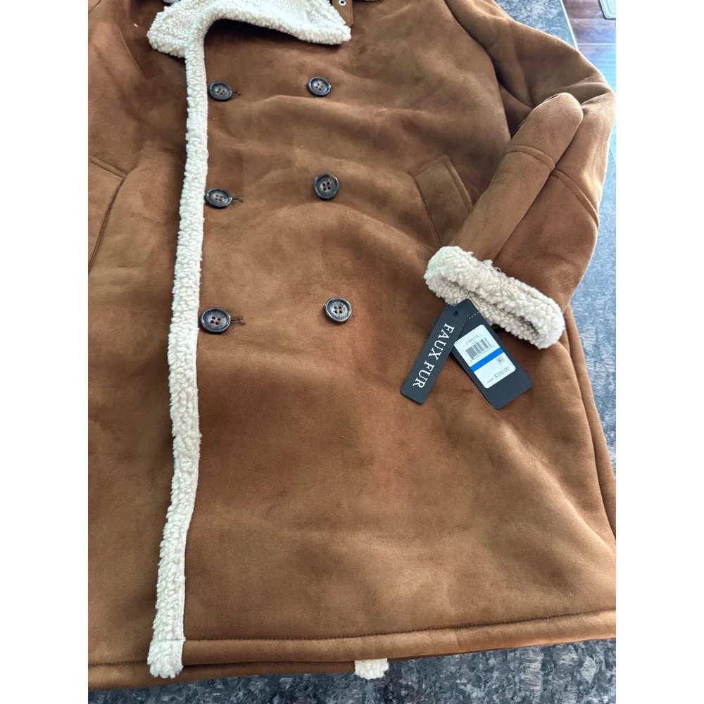 Guess Mens Faux Suede Sherpa Lined Double Breasted Coat Cognac XL 119RS218